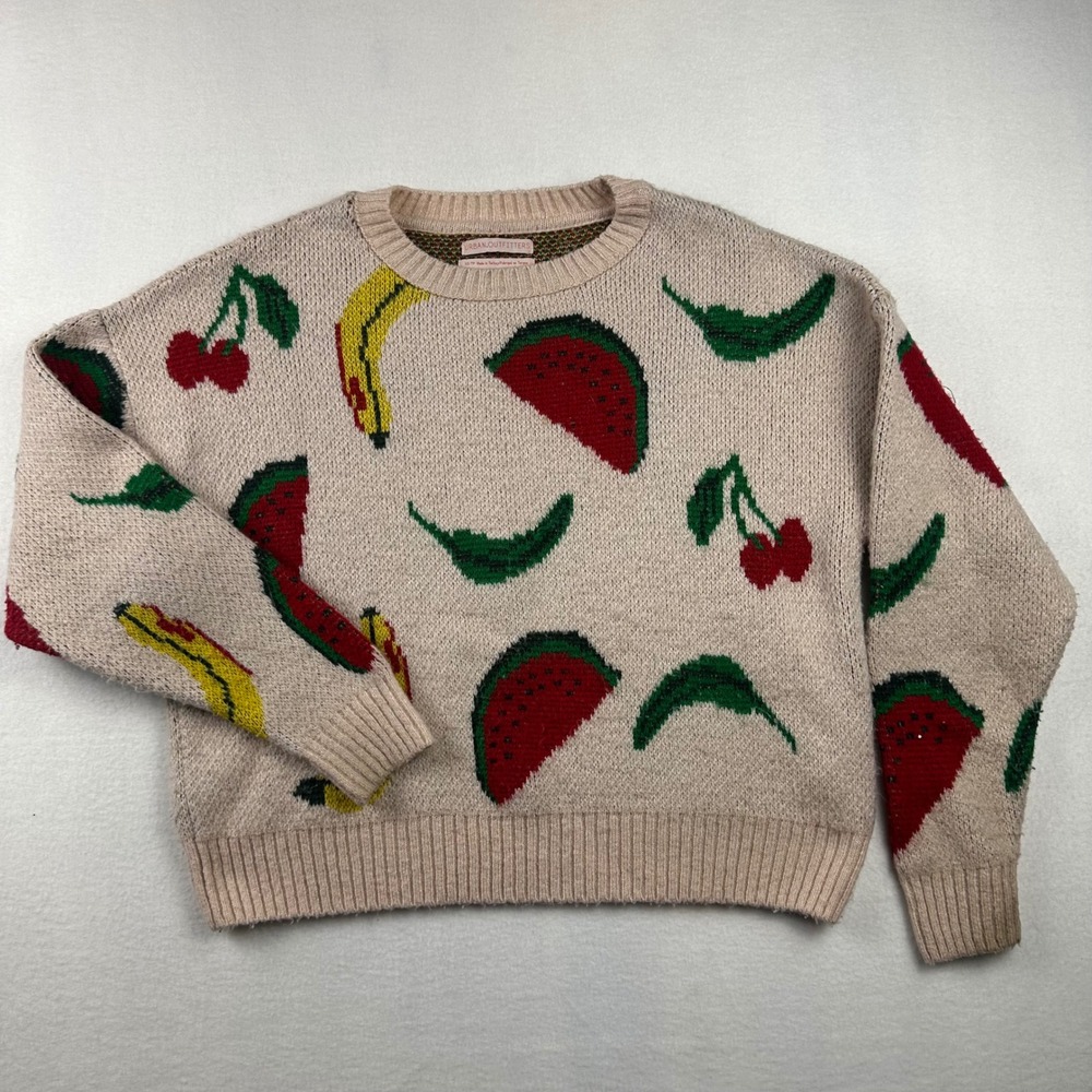 Urban Outfitters Sweater Women XS Beige Fruit Print Knit Crewneck Pullover Boho
